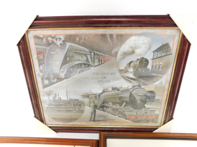 Four charcoal studies of steam locomotives, including Empire of India, and Tehran, together with a print The History of Steam, all framed and glazed. (5) - 4