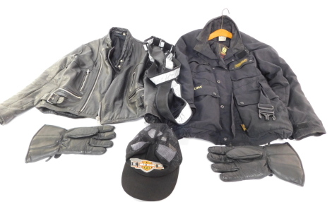 A leather motorcycle jacket, Belstaff waterproof jacket, pair of Aniko Thinsulate 3M gloves and a Harley Davidson baseball cap.