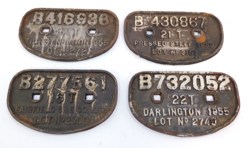 Four cast iron wagon plates, comprising Hurst, Nelson 1955, Pressed Steel 195, Darlington 1955 and Fairfield S & E Company 1956. (4)