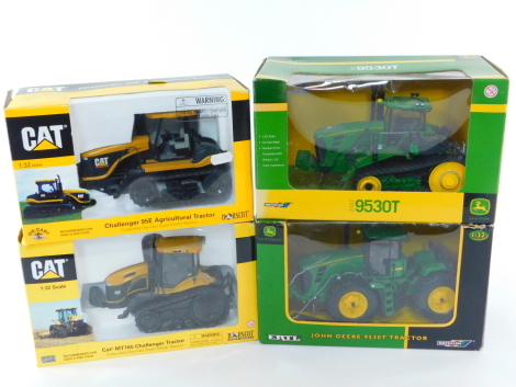 Two Britains die cast models of John Deere Tractors, Model 905T, scale 1:32, together with a CAT model of a Challenger 95E agricultural tractor, and another of a CAT MT765 Challenger tractor, all boxed. (4)