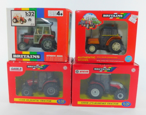 Four Britains die cast models of tractors, scale 1:32, comprising a Massey Ferguson MF362 tractor 9502., Renault 70-14 tractor 9492., Steyr 375 Kopat tractor, and a Case IH JX1075C tractor, all boxed.