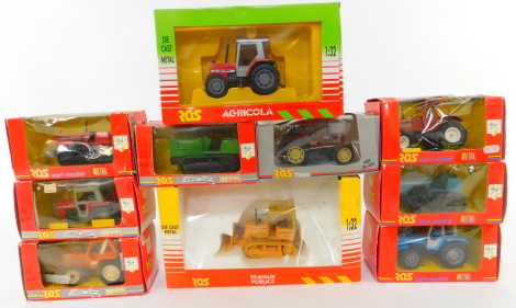 Ten Ros die cast models of tractors and other farm machinery, scale 1:32, all boxed.