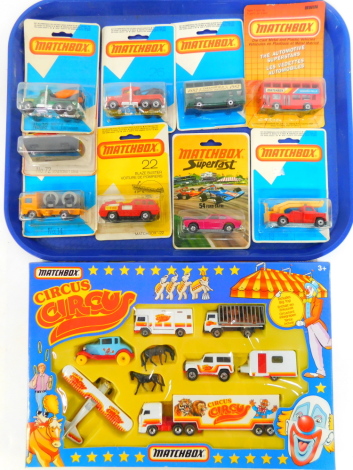 A Matchbox die cast Circus, C-804, boxed, together with nine Matchbox vehicles, in blister packs, comprising London Bus., Snorkel Fire Engine., Chesterfield Transport Centenary Bus., 54 Ford Capri., Site Dumper., Blaze Buster., Cement Truck., Hovercraft.,