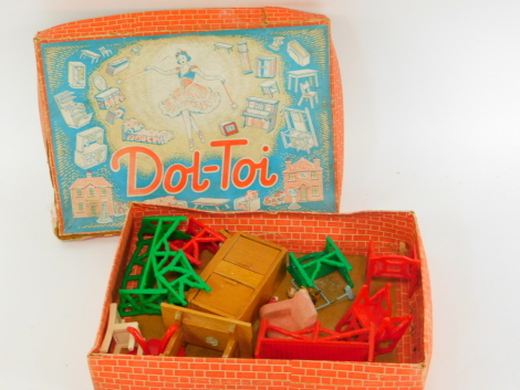 A Dol-Toy Set, mid century, comprising outdoor tables and chairs, armchair, sideboard and figures, boxed.