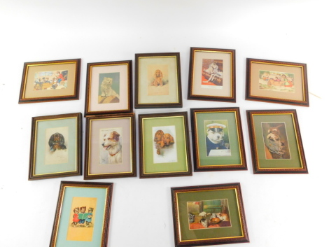 Framed nursery prints of cats and dogs. (12)