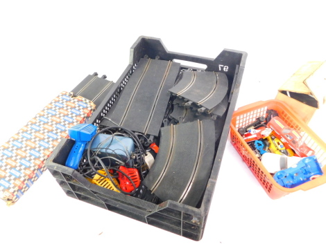 Scalextric, to include cars, car parts, track, controllers, and a mains unit. (a quantity)