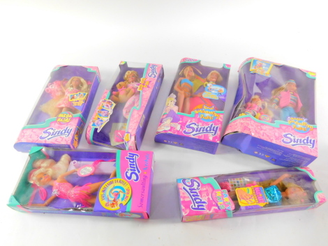 Six Sindy dolls, comprising Mega Hair., Step-Over Fun., Magic Peddling Patti., Party Nails., Somersaulting Acrobat., and Real Swimming Patti, all boxed.