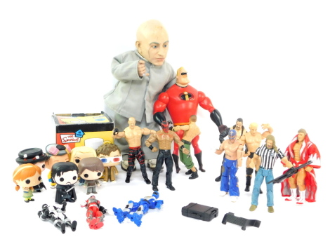 A McFarlane Toys figure modeled as Mini Me, Incredibles and other action figures, Funko figures, etc. (a quantity)