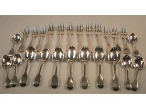 A Harlequin suite of Victorian and later silver fiddle pattern flat ware