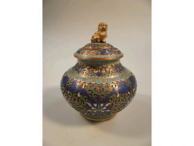 A cloisonne baluster jar and cover with gilt metal Dog of Fo surmount