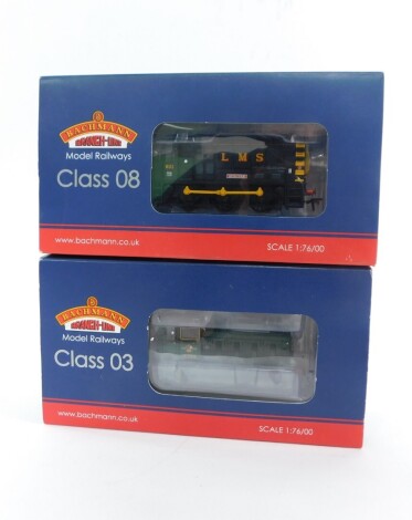 A Bachmann Branch Line OO gauge locomotive Class 03 Diesel Shunter D2001, BR plain green late crest, DCC, 31-360, together with locomotive Class 08 601 'Spectre', LMS black, exclusive to Bachmann Collector's Club, DCC, 32-106K, both boxed. (2)