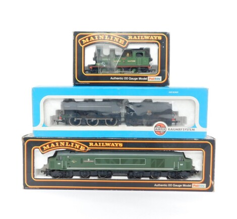 A Palitoy Mainline OO gauge diesel locomotive, Type 4 1C0-C01, 'The Manchester Regiment', green livery., Airfix 4F Fowler locomotive, British Rail black livery, 54123-9, and a Palitoy Mainline shunting engine, 'Joem', North Eastern, all boxed. (3)