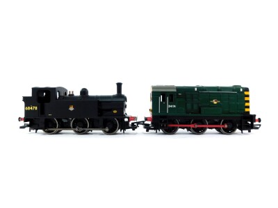 A Hornby OO gauge diesel shunting engine, D4174, BR green with black and yellow chevron ends, together with a OO gauge steam engine, 68478, BR black livery, DCC, both unboxed. (2)