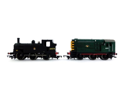 A Hornby OO gauge diesel shunting engine, D4174, BR green with black and yellow chevron ends, together with a OO gauge steam engine, 68478, BR black livery, DCC, both unboxed. (2) - 2