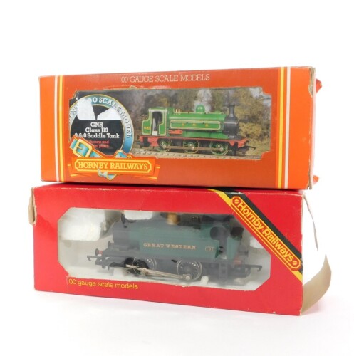 A Hornby OO gauge GNR Class J13 Saddle Tank locomotive, 0-6-0, green livery, R396, together with Great Western Tank locomotive, 101, 0-2-0, both boxed. (2)