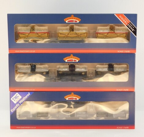 A Bachmann OO gauge set of fourteen ton tank wagons, Power Petrol, produced exclusively for Model Zone, 37-665Y, and two sets of three 14 Ton Tank Wagons, 'Esso' black (weathered), 37-66B, all boxed. (3)