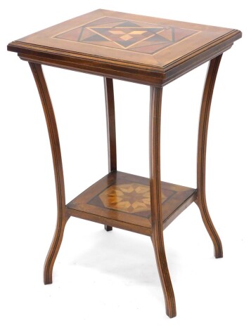 An Edwardian walnut and parquetry two tier table, on splayed supports, 49cm wide.