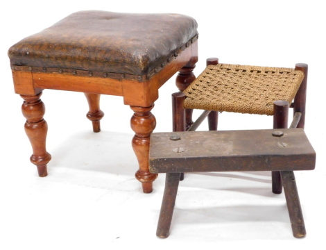 A late 19th/ early 20thC rustic stool, a mahogany stool on turned legs with a padded seat, and a stool with woven seat, (3).