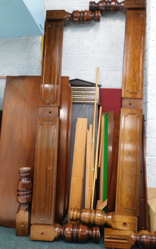 A three quarter size mahogany and slate snooker table, with an added dining table cover, turned legs, cues, accessories, score board, etc.