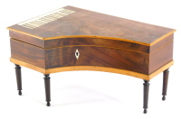 A mid 19thC mahogany Palais Royal work box, modelled in the form of a grand piano inlaid with ivory and ebonised wooden keys, on turned legs the hinged lid enclosing a mirror (AF) and a musical movement, detached and not connected to box, lacking interior