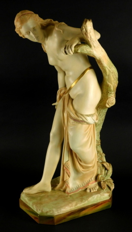 A Royal Worcester porcelain figure of Bather Surprised, modelled beside a tree stump on a canted rectangular base, signed by Thomas Brock, London, printed in puce to underside, 64cm high.