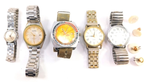 Gentlemen's and ladies' dress wristwatches, including a gent's Sicura chronograph wristwatch, Sekonda wristwatch and a lady's Timex wristwatch, together with gentleman's shirt studs. (a quantity)