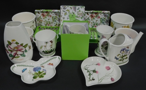 A group of Portmeirion pottery decorated in the Botanic Garden pattern, including four canape dishes, six teaspoons and pastry forks, and a pitcher, all boxed, vases and jardinieres, watering can and shaped dishes. (a quantity)