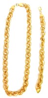 A multi link necklace and bracelet set, each with large outer link, with interlinked four joint and hammered loops, yellow metal, stamped Italy 375, 42cm long and 19cm long, 17.7g.