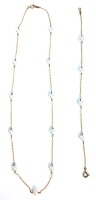 A 9ct gold pearl necklace and bracelet set, with fine link chain design set with various beads, the necklace 48cm long, the bracelet 19cm long, 7.6g all in.