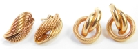 Two pairs of 9ct gold earrings, each of drop design, comprising a two weave pleated and twist design curved earring, with butterfly backs, and two circular embossed twist design drop earrings, one with butterfly back, 5.5g all in.