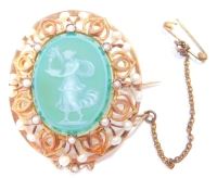 An early 20thC cameo brooch, the central green relief cameo depicting a maiden with water jug, in flowing dress, in a yellow metal border floral patterning with seed pearls, on a single stick pin back with safety chain, the cameo with memorial panel type 