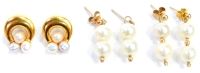 Three pairs of 9ct gold earrings, comprising a pair of two tier and beaded cultured pearl drop design earrings, a pair of 9ct gold two cultured pearl drop earrings and a pair of 9ct gold hoop and natural multi stone pearl set earrings, 9.8g all in.