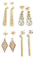 Four pairs of 9ct gold and other earrings, comprising a pair of 9ct gold stick layered drop earrings, with butterfly backs, a pair of 9ct gold harp design drop earrings, a pair of 9ct gold watch link type diamond shaped drop earrings, and a pair of tri co