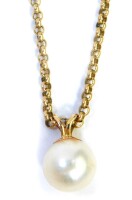 A 9ct gold and cultured pearl pendant and chain, the single pearl with v strand clasp, on a belcher chain, yellow metal stamped 375, 42cm long, 6.2g all in.