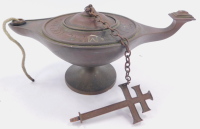 A 19thC bronze Roman style oil lamp, with cross of Lorraine, and engraved to the top In Lumine Tuo Videbimus Lumen, oak cased, 23cm wide.