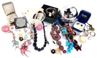 A group of costume jewellery and effects, to include a Thurlite pendant and earring set, in white metal frame stamped 925, various modern costume jewellery, a Sphere of Life, silver earrings, a silver necklace and earring set, commemorative coins, United 