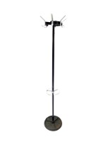 A Du-al of Harrow 1970's black steel and aluminum coat and umbrella stand, raised on a circular base, 167cm high.