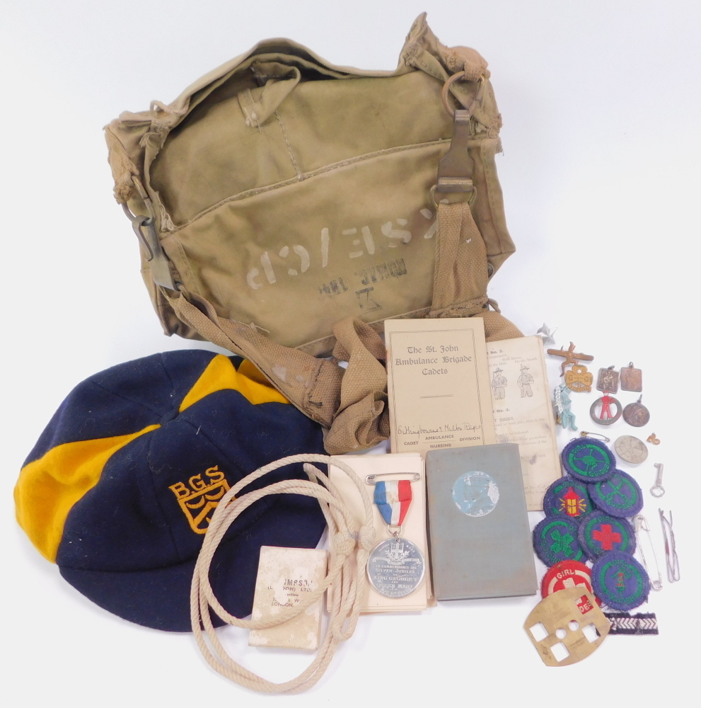 A WWII Romac military canvas bag, BGS School cap, a Vermin Club