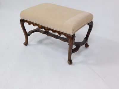 A Georgian style mahogany stool, upholstered in overstuffed cream draylon, raised on cabriole legs, united by a shaped stretcher, 61cm wide. - 3