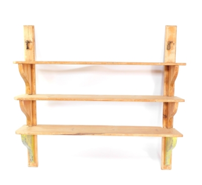 A set of three Victorian pine scullery shelves, with shaped end supports, 140cm high, 158cm wide.