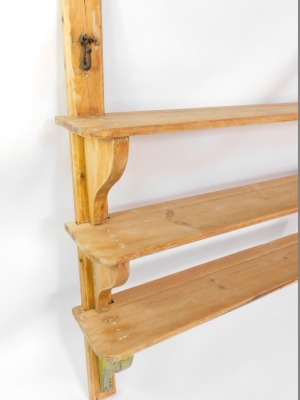 A set of three Victorian pine scullery shelves, with shaped end supports, 140cm high, 158cm wide. - 3