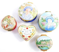 Two Crummles enamel boxes, to commemorate the hundredth year of Her Majesty Queen Elizabeth The Queen Mother, one containing a rose pendant, limited edition box decorated lid with Castle Combe, and two boxes for Royal Doulton, one Brambly Hedge 1997, the 