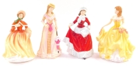 Four Royal Doulton porcelain figures modelled as the Four Seasons, Pretty Ladies series, comprising Winter HN5314, Spring HN5321, Summer HN5322, and Autumn HN5323.