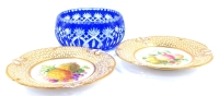 A pair of late 19thC porcelain dessert plates, painted with fruit, 22cm diameter, together with a blue flashed glass fruit bowl, 19cm diamter. (3)