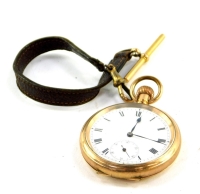 A gentleman's gold plated pocket watch, open faced, keyless wind, circular enamel dial bearing Roman numerals, subsidiary seconds dial, movement number 39782, the case with engine turned decoration, shield reserve, together with a leather and plated fob s