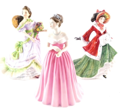 Three Royal Doulton figures, comprising Summertime HN3478, Camilla HN4220, and Wintertime HN3622.