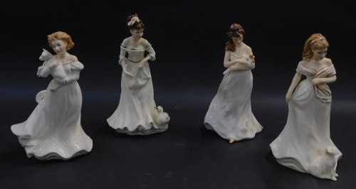 Four Royal Doulton figures, comprising Morning Walk HN3860, Sweet Bouquet HN3859, Country Girl HN3856,and Lambing Time HN3855.