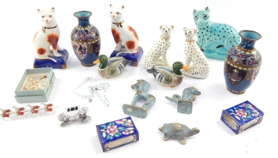 Various ornaments, cloisonne and effects, including a pair of Staffordshire style cat on cushion ornaments, modern dalmatians, 9cm high, pair of cloisonne vases each of shouldered form, match box holder, model Coronation carriage. (a quantity)