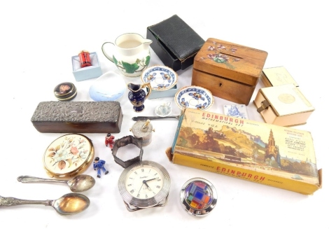 Various pottery and effects, including a a Royal Copenhagen miniature shell shaped dish decorated with a seagull no. 330, 9cm wide, a printed box set with a child, box, powder compact, treen money box, various badges, and an Edinburgh Mathematical set. (