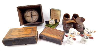 Various bygones and collectables, including a pair of early 20thC child's clogs partially studded, 12cm wide, Bonzo salt and pepper cruet set, Telegraph Works Silver Town dial, and cased hymn books. (a quantity)